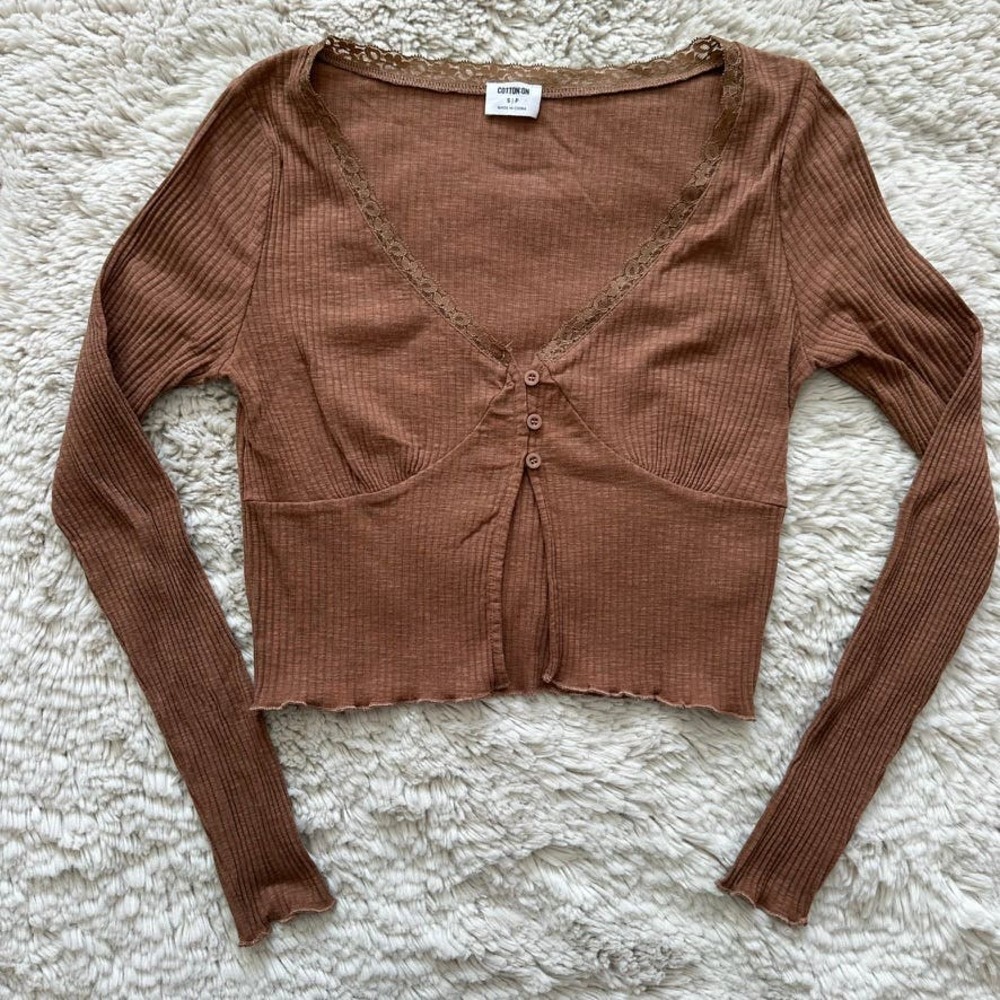 Cotton On Brown Long Sleeve Crop Top With Lace Trim Lining Women's Size Small